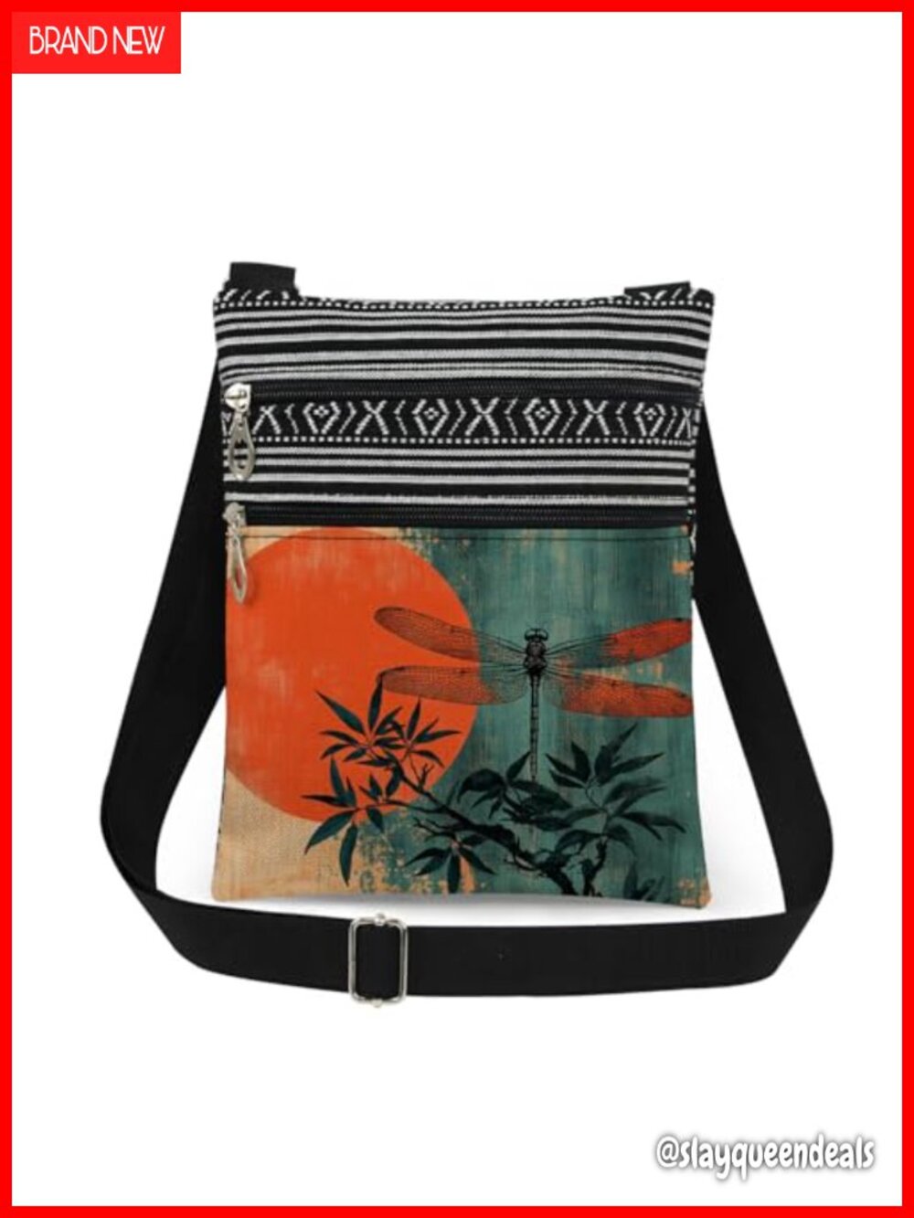 Dragonfly Print Polyester Crossbody Bag Adjustable Strap